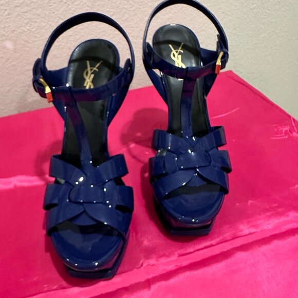 Saint Laurent YSL Tribute Blue Patent Leather Sandals, 38 - Picture 2 of 7